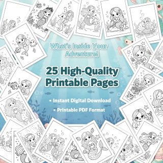 Mermaid Adventure Coloring Book - 25 Printable Pages (PDF)