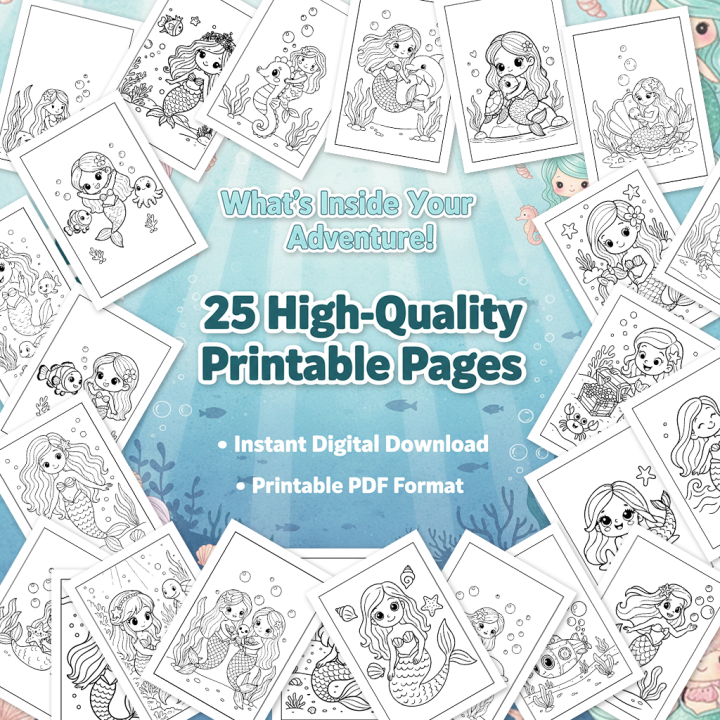 Mermaid Adventure Coloring Book - 25 Printable Pages (PDF)