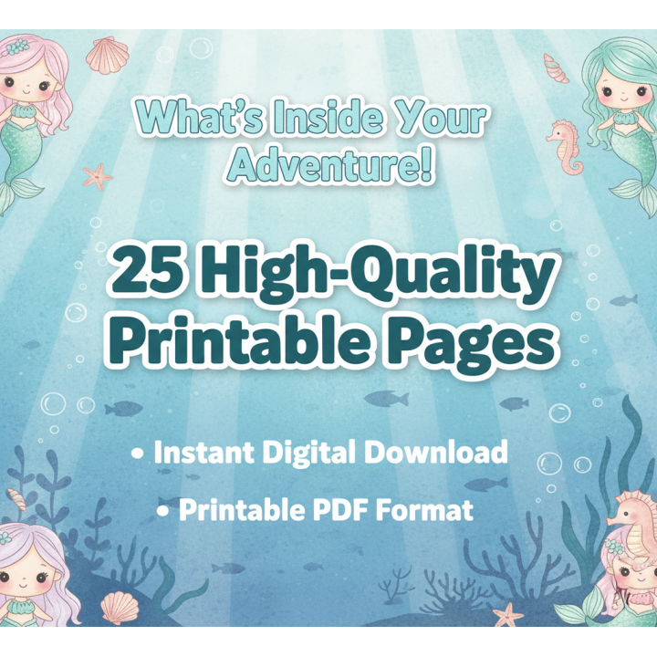 Mermaid Adventure Coloring Book - 25 Printable Pages (PDF)